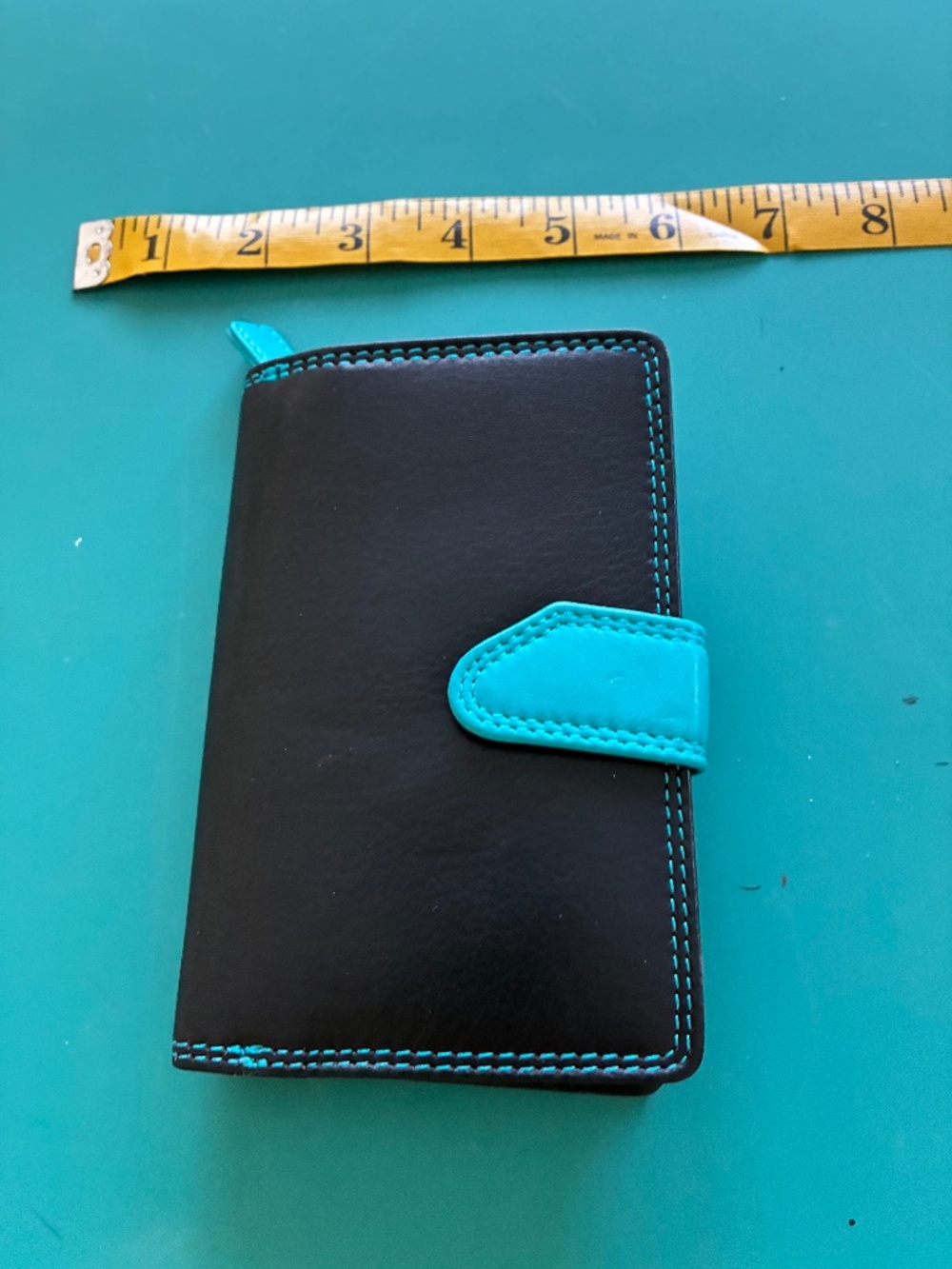 New w/Tags and Gift Box Black/Turquoise Leather RFID Wallet w/Side Zip